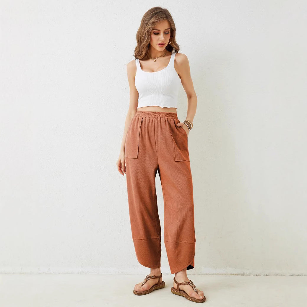 Damen weit geschnittene Freizeithose mit elastischem Bund und praktischen Taschen EB