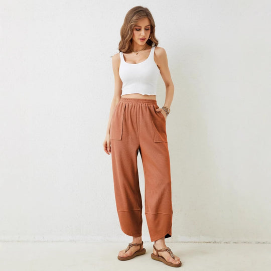 Damen weit geschnittene Freizeithose mit elastischem Bund und praktischen Taschen EB