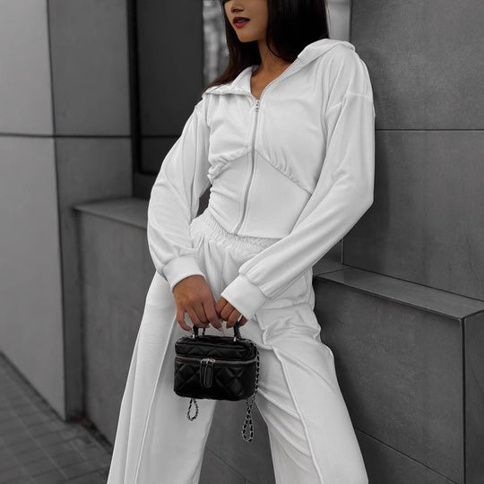 Damen kurzes Kapuzen-Cropped Zip-Sweatshirt mit tailliertem Brustsaum und weiter Velours-Loungehose mit elastischem Bund EB
