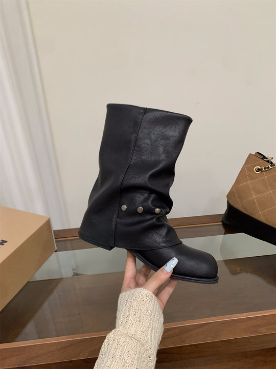 Damen modische Stiefel mit elegantem Faltenwurf und stylishen Druckknopfdetails EB