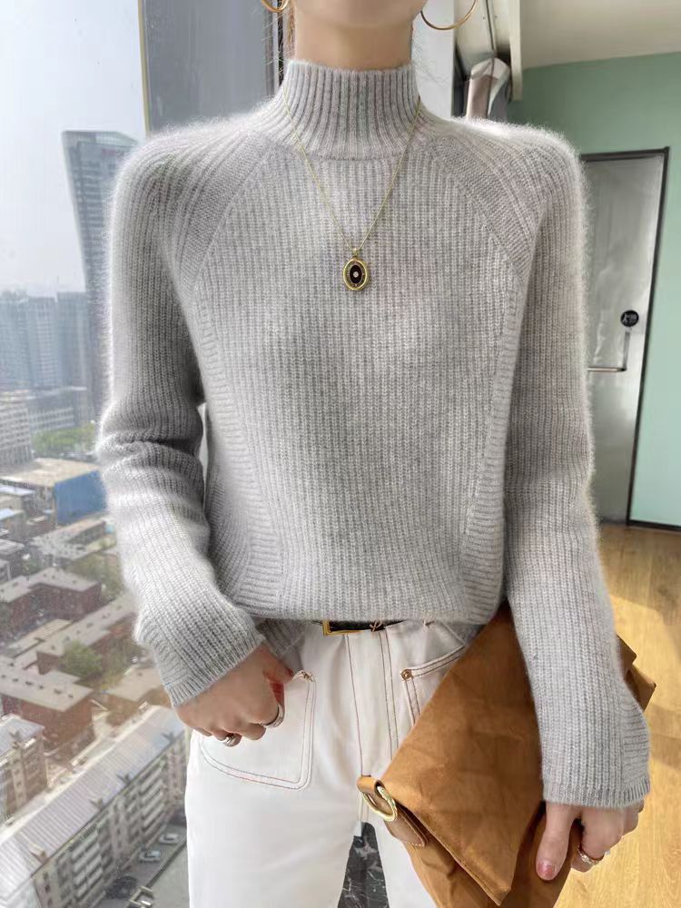Damen Strickpullover mit hohem Kragen und feiner Rippstruktur EB