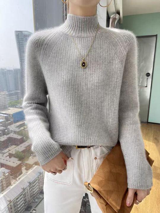 Damen Strickpullover mit hohem Kragen und feiner Rippstruktur EB