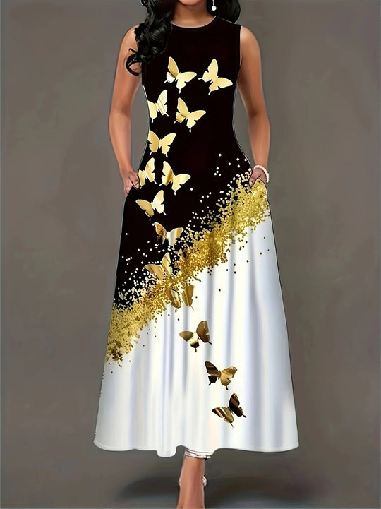 Damen Maxikleid mit elegantem Schmetterlingsdesign und praktischen Taschen EB
