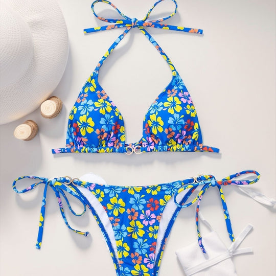 Damen Triangel-Bikini mit raffinierten Bindebändern und farbenfrohem Blumenmuster EB
