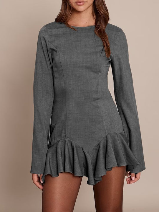 Damen Figurbetontes Langarm-Minikleid mit taillierten Nähten und Volant-Saum EB
