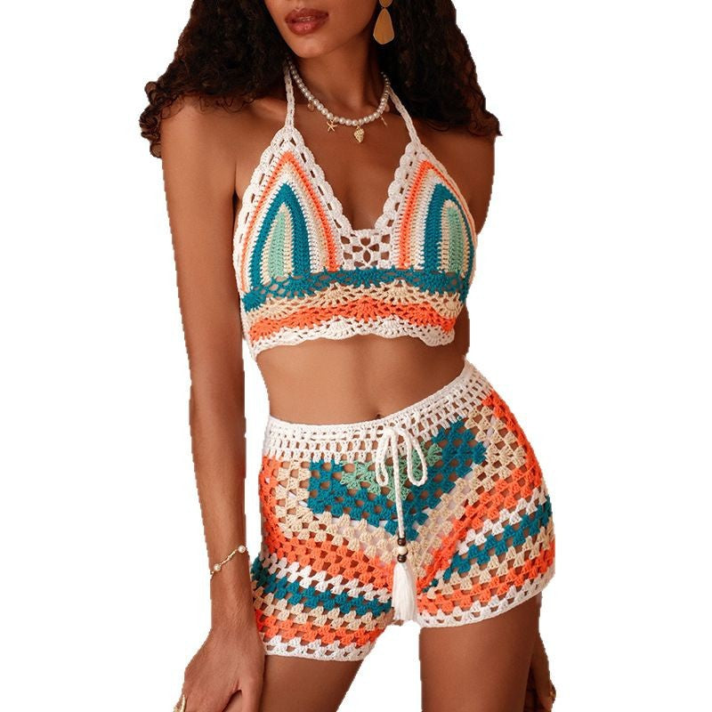 Damen gehäkeltes Bikini-Set mit angesagtem Crop-Top und lässigen Shorts EB