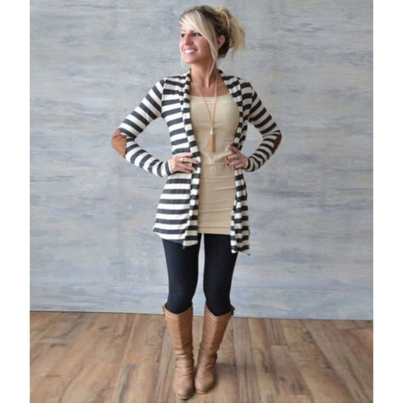 Damen Gestreifter Longcardigan mit offenem Waterfall-Schnitt und Ellbogen-Patches EB