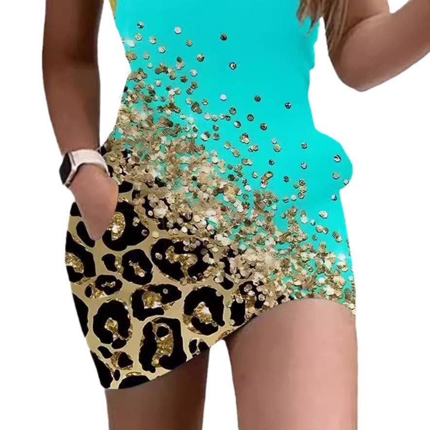 Damen Kurzarm Kleid mit Leopardenmuster und Strassverzierungen EB