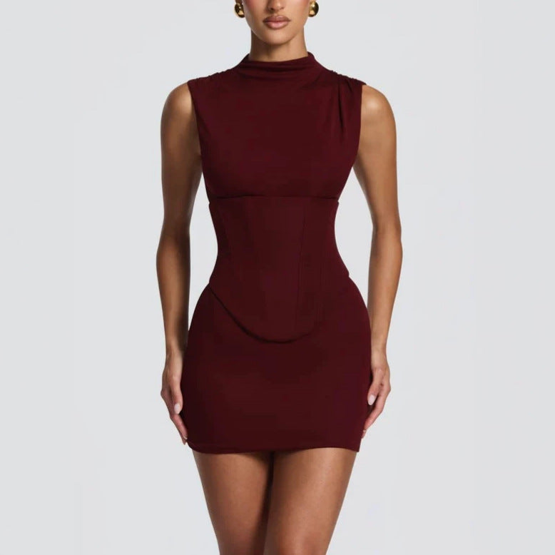 Damen Enganliegendes Stretch-Minikleid mit hohem Kragen EB