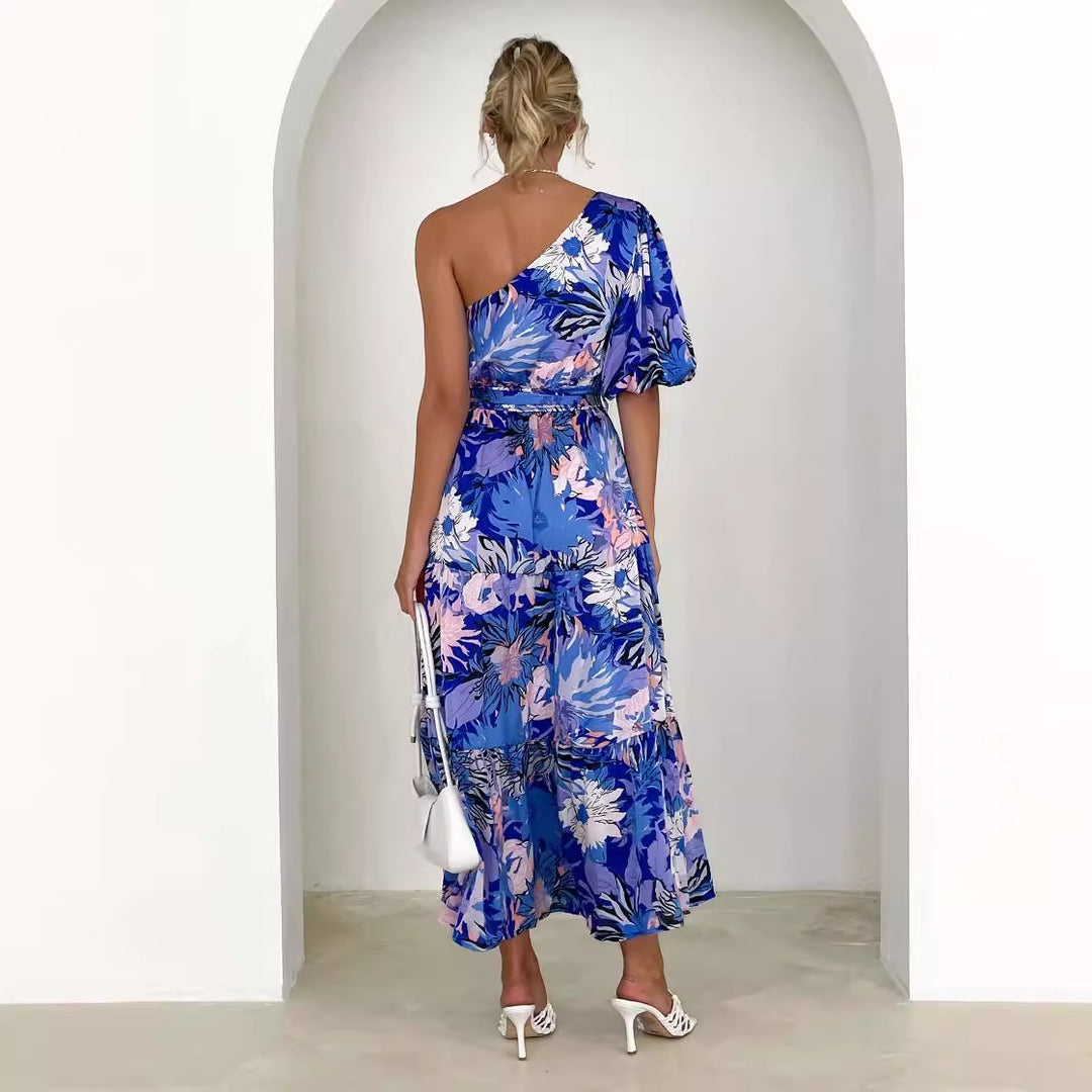 Damen Maxikleid mit verspieltem asymmetrischen Schnitt und Puffärmel EB