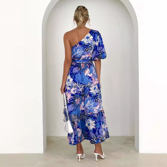 Damen Maxikleid mit verspieltem asymmetrischen Schnitt und Puffärmel EB