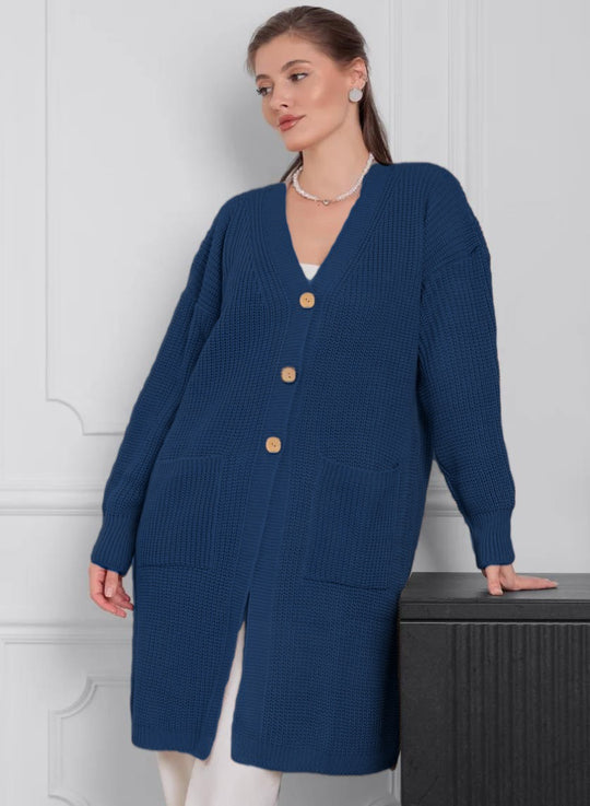 Damen Grobstrick-Cardigan mit schlichten Holzknöpfen und praktischen Taschen EB