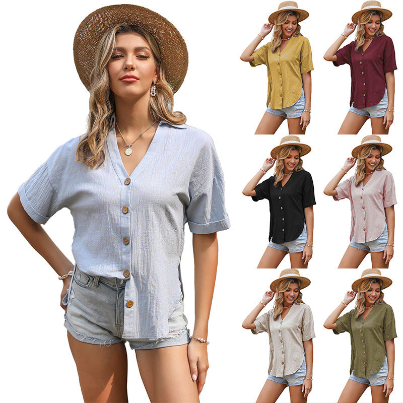 Damen lässige Knotenbluse mit kurzen Ärmeln und Knopfdetails EB