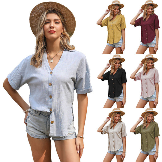 Damen lässige Knotenbluse mit kurzen Ärmeln und Knopfdetails EB