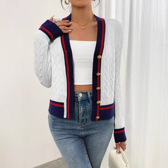 Damen modische Strickjacke mit strukturiertem Zopfdesign und Kontrastbündchen EB