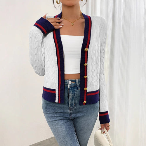 Damen modische Strickjacke mit strukturiertem Zopfdesign und Kontrastbündchen EB