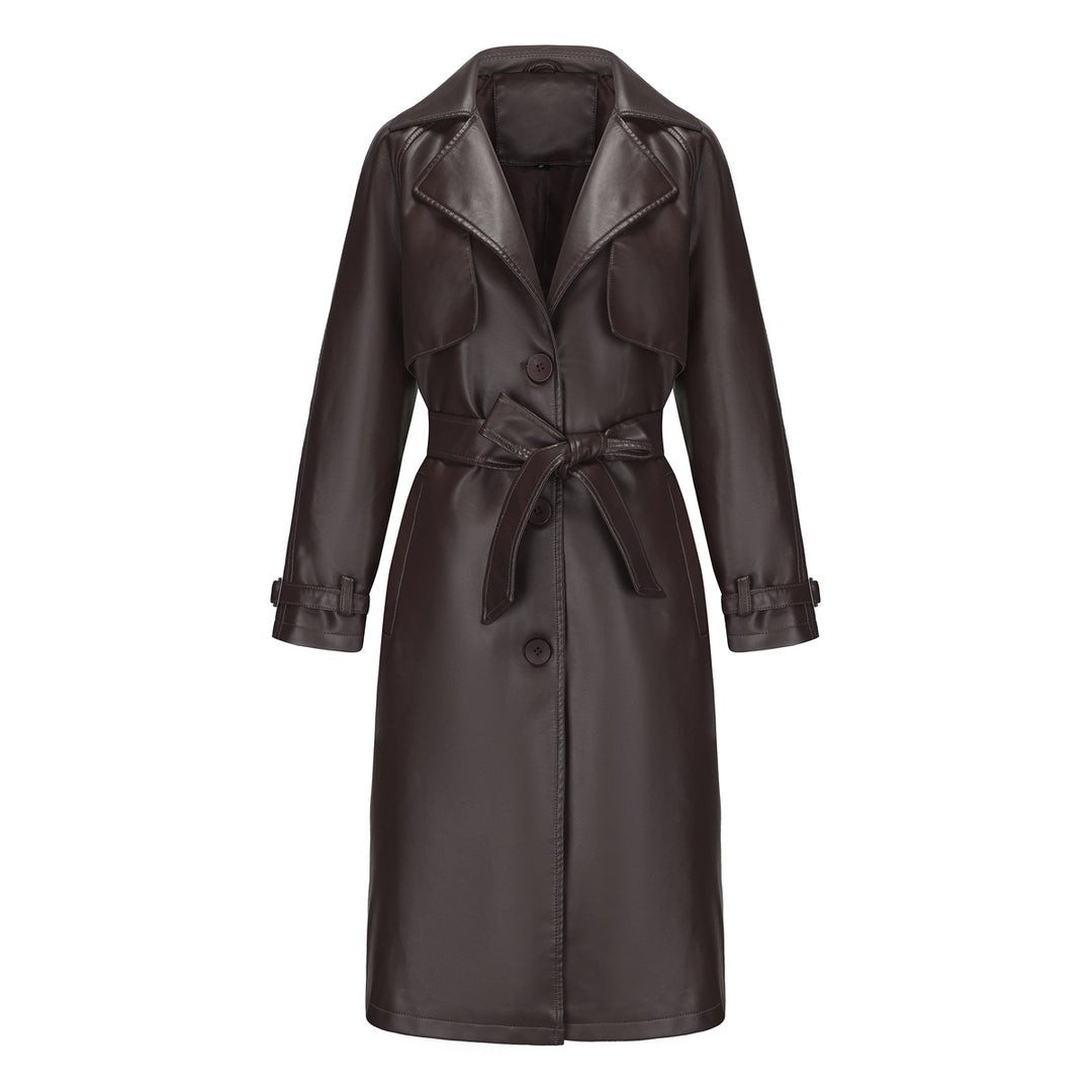 Damen nan langer taillierter Kunstleder-Trenchcoat mit Bindegürtel EB