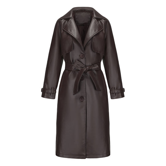 Damen nan langer taillierter Kunstleder-Trenchcoat mit Bindegürtel EB