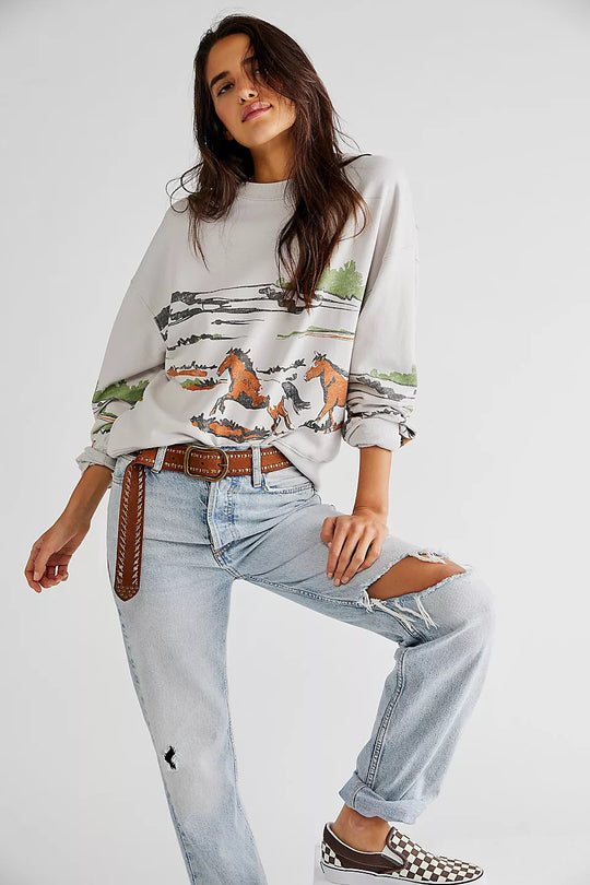 Damen Sweatshirt mit kreativer Pferdemotiv-Grafik und lässigem Schnitt EB