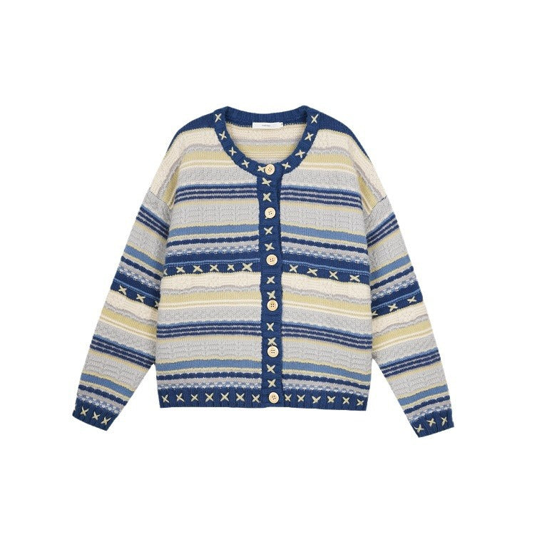 Damen Strickjacke mit buntem Streifenmuster und dekorativen Knöpfen EB