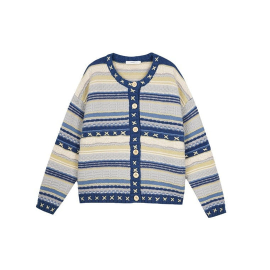 Damen Strickjacke mit buntem Streifenmuster und dekorativen Knöpfen EB