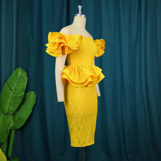 Damen figurbetontes Cocktailkleid mit voluminösen Rüschenärmeln EB