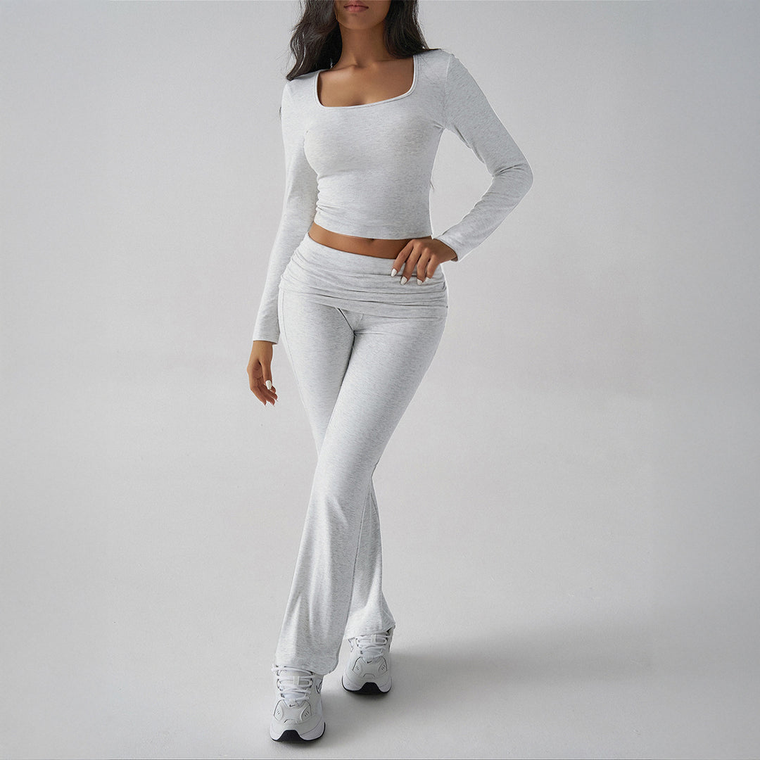 Damen nan figurbetontes Cropped-Set mit langärmeligem Top mit quadratischem Ausschnitt und ausgestellter High‑Waist Yoga-Hose EB