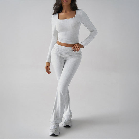 Damen nan figurbetontes Cropped-Set mit langärmeligem Top mit quadratischem Ausschnitt und ausgestellter High‑Waist Yoga-Hose EB