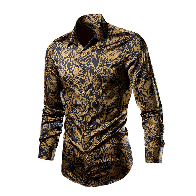 Herren nan tailliertes Langarmhemd mit auffälligem Leoprint, leichter Satinoptik und elastischem Slim Fit EB