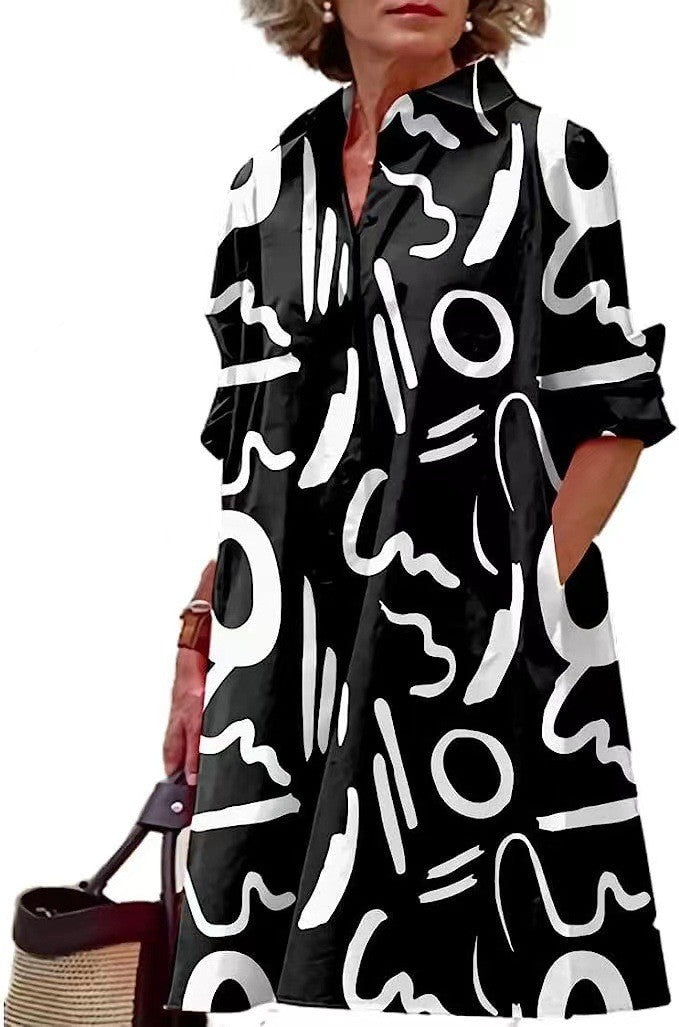 Damen nan A-Linien Hemdblusenkleid mit aufgekrempelten 3/4-Ärmeln und seitlichen Eingrifftaschen EB