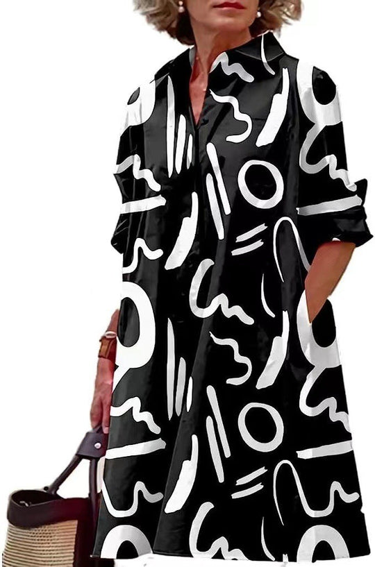 Damen nan A-Linien Hemdblusenkleid mit aufgekrempelten 3/4-Ärmeln und seitlichen Eingrifftaschen EB