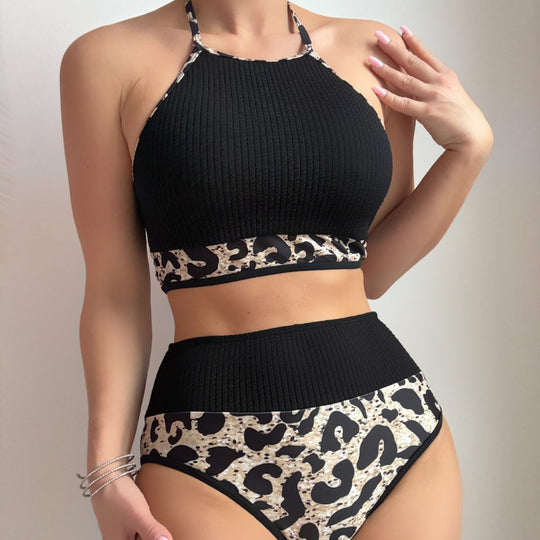 Damen Hochtailliertes Bikini-Set mit sportlichem Oberteil und animalischem Muster EB