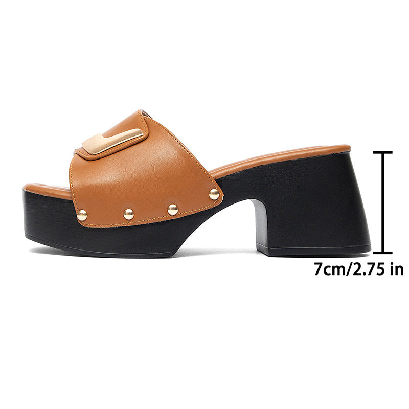 Damen modische Mules mit goldfarbener Schnalle und breitem Blockabsatz EB