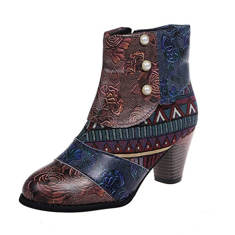 Damen Elegante Stiefeletten mit floralen Mustern und dekorativen Knöpfen EB
