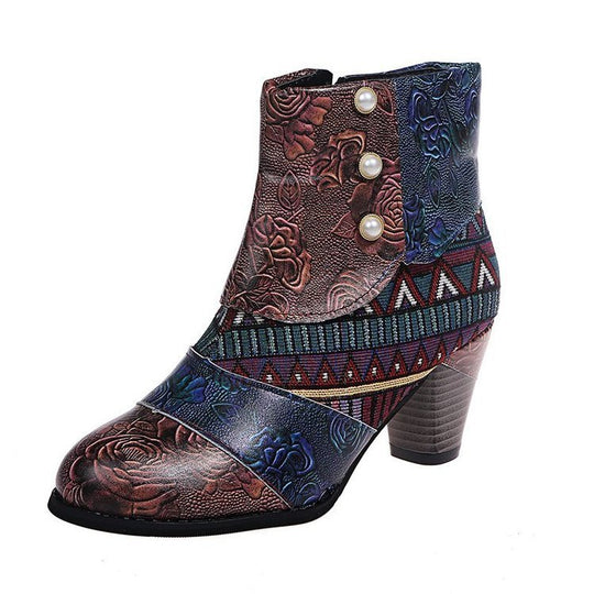 Damen Elegante Stiefeletten mit floralen Mustern und dekorativen Knöpfen EB