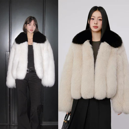 Damen Luxuriöse und voluminöse Kunstfelljacke mit Kragen EB