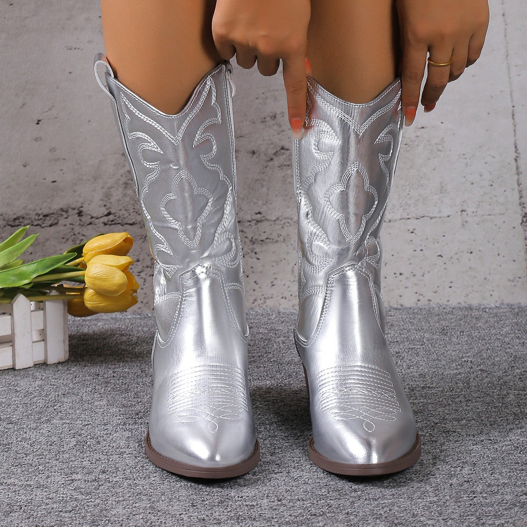 Damen Cowboy-Stiefel mit kunstvollem Stickdesign und modischem Glanz EB