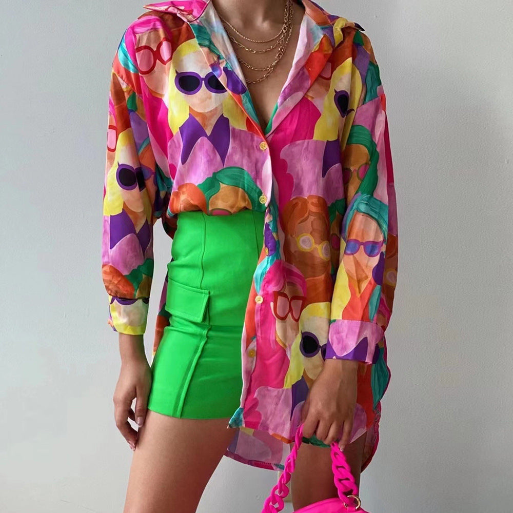 Damen Oversized Bluse mit buntem Grafikdruck EB