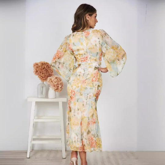 Damen Maxikleid mit ballonärmel und floralem Muster EB