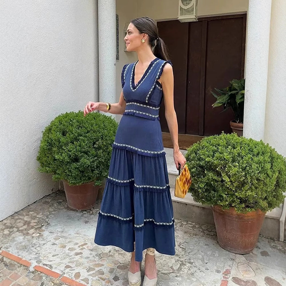 Damen Maxikleid mit elegantem V-Ausschnitt und Rüschendetails EB