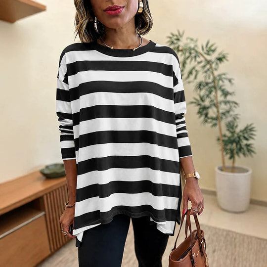 Damen Oversized Streifen-Longsleeve mit Rundhalsausschnitt und abgerundetem Saum EB