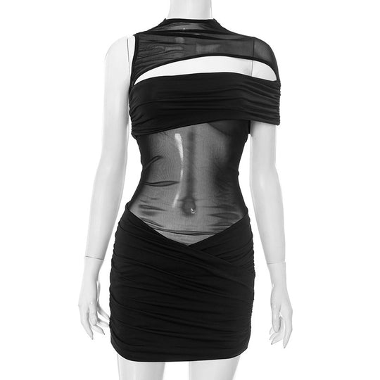 Damen figurbetontes Mesh-Kleid mit asymmetrischem Schnitt und Raffung EB