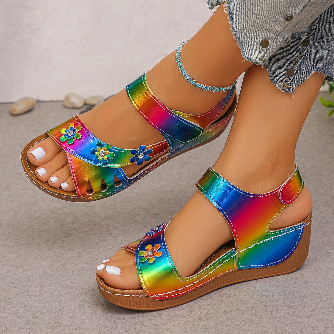 Damen modische Sandalen mit verstellbaren Riemen und buntem Blumen-Design EB