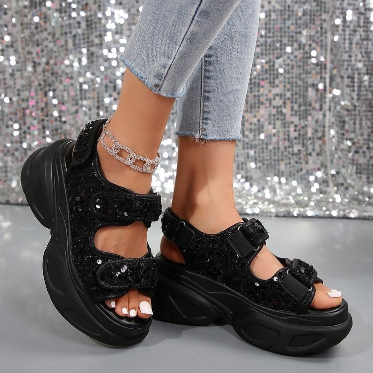Damen Sneakersandalen mit komfortablem Klettverschluss und glitzernder Oberflächenstruktur EB
