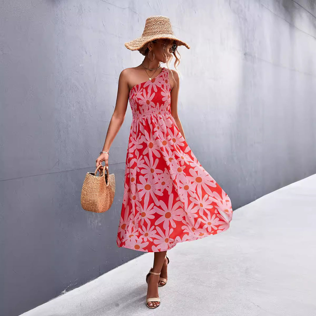 Damen Maxikleid mit asymmetrischem Trägerdesign und floralem Allover-Muster EB
