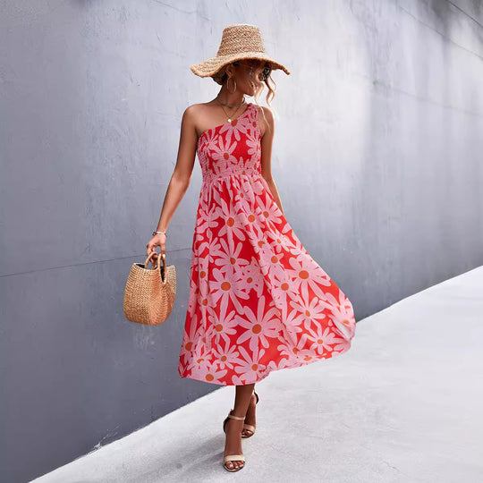 Damen Maxikleid mit asymmetrischem Trägerdesign und floralem Allover-Muster EB