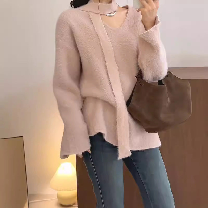 Damen Grobstrickpullover mit tiefem V-Ausschnitt und schicker Banddetails EB