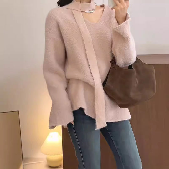Damen Grobstrickpullover mit tiefem V-Ausschnitt und schicker Banddetails EB