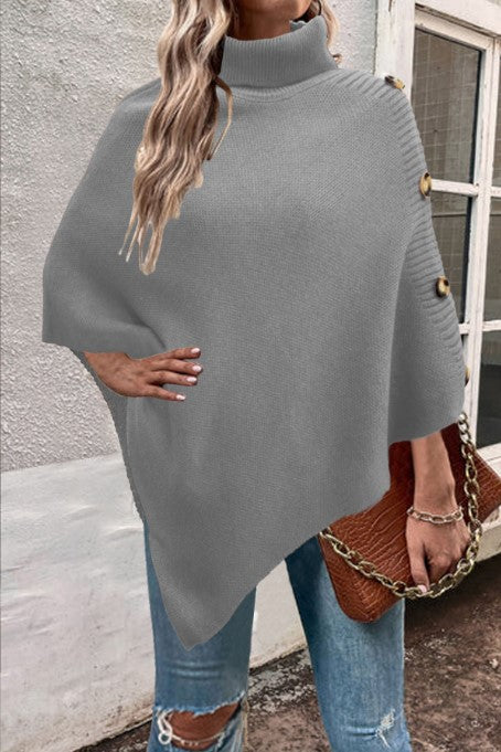 Damen Strick-Poncho mit hohem Kragen und Knopfdetails EB