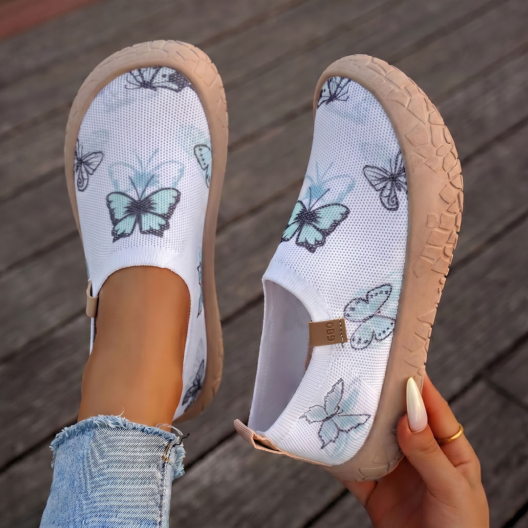 Damen nan atmungsaktiver Strick-Slipper mit Aquarell-Schmetterlingsprint und griffiger Outdoorsohle EB